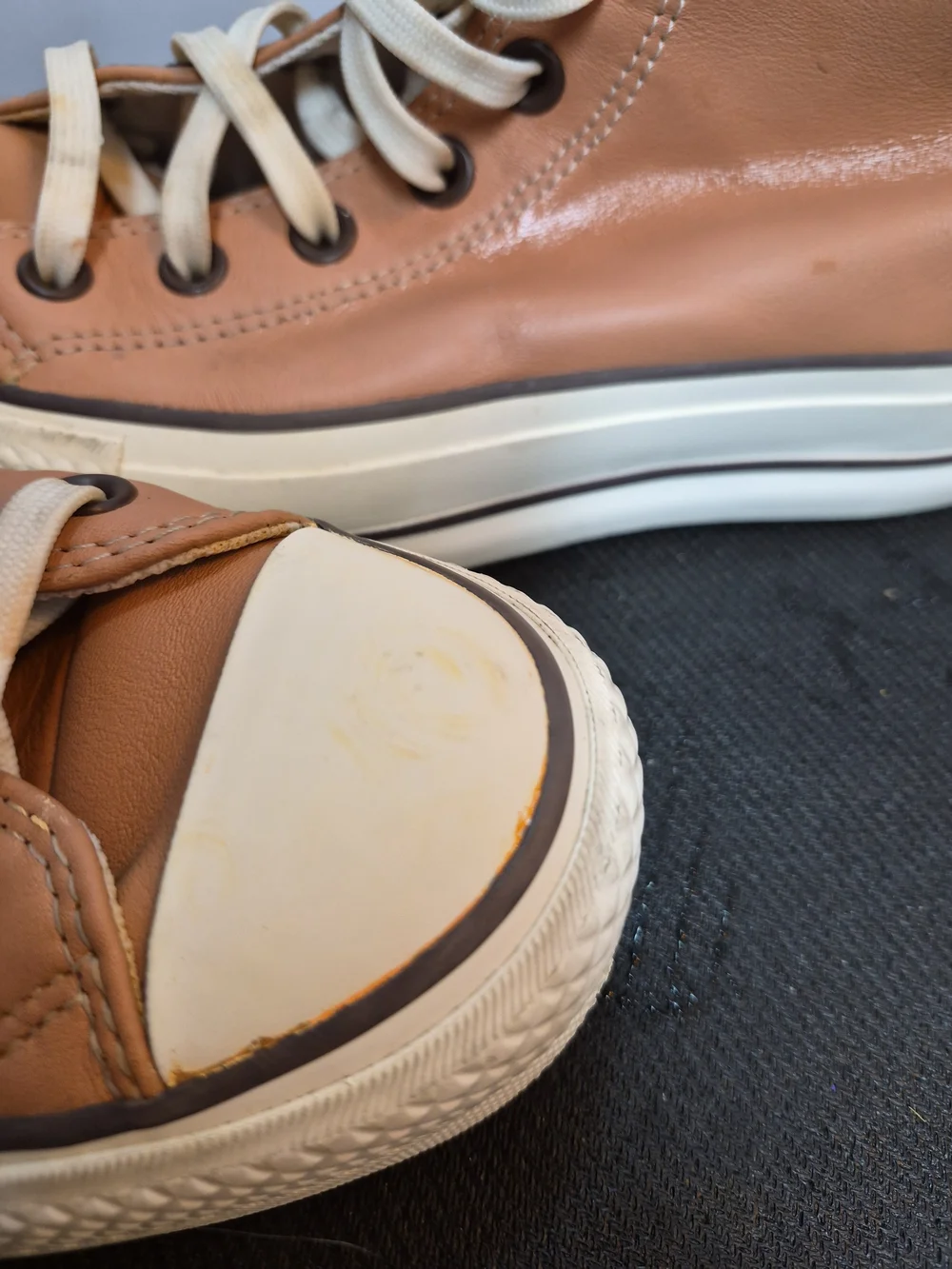 The Converse Chuck Taylor All Star Mid Top Leather Lace Up Sneakers in Brown/Whi